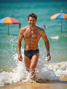 1 Quần bơi nam cạp thấp co giãn, nhanh khô, thoải mái, họa tiết in gợi cảm, không thể thiếu cho kỳ nghỉ ở bãi biển - màu đen - Xem 6