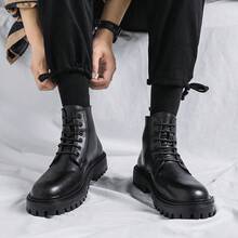 Chunky Sole High-Top Lace-Up Boots,  Streetwear Style Footwear With Durable Upper & Thick Non-Slip Outsole, Fashionable Casual Ankle Boots For Daily Wear & Urban Outfits - màu đen - Xem 3
