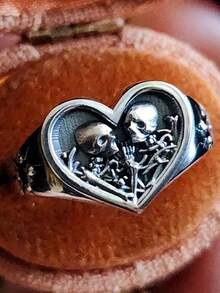 Silvery Heart Signet Ring The Lovers Skeleton Final Embrace Gothic Romantic Engagement Ring Halloween Ring Valentine's Day Gift - White CZ - 查看 1