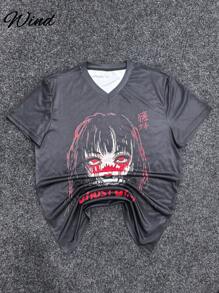 Summer Men's Short Sleeve Anime Y2K Slogan/Character Goth Girl Portrait Print T-Shirt, Suitable For School Wear