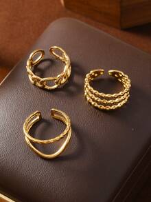 Set de 3 anillos decorativos de línea hueca de acero inoxidable minimalista, adecuado para mujeres y hombres, para uso diario, festivales, citas, compromisos, bodas y viajes - Dorado - Ver 3