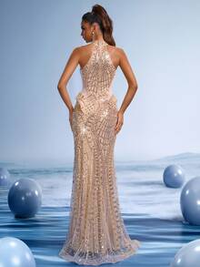 GIFORU Elegant Silver Sequin Prom Dress Halter Mermaid Gown Gold Beaded Wedding Dresses For Bride Women Sparkly Long Graduation New Year Party Dress - Khaki - View 3