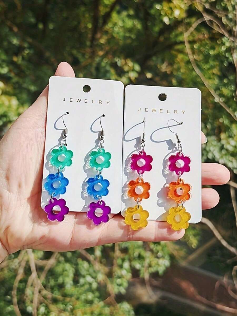 1 Pair Of Vibrant Acrylic Flower Earrings - Colorful, Playful Design With Hooks, Perfect For Casual & Everyday Wear, Ideal Gift For Friends And Family, Casual Earrings | Playful Earrings - 耳環 - 查看 1