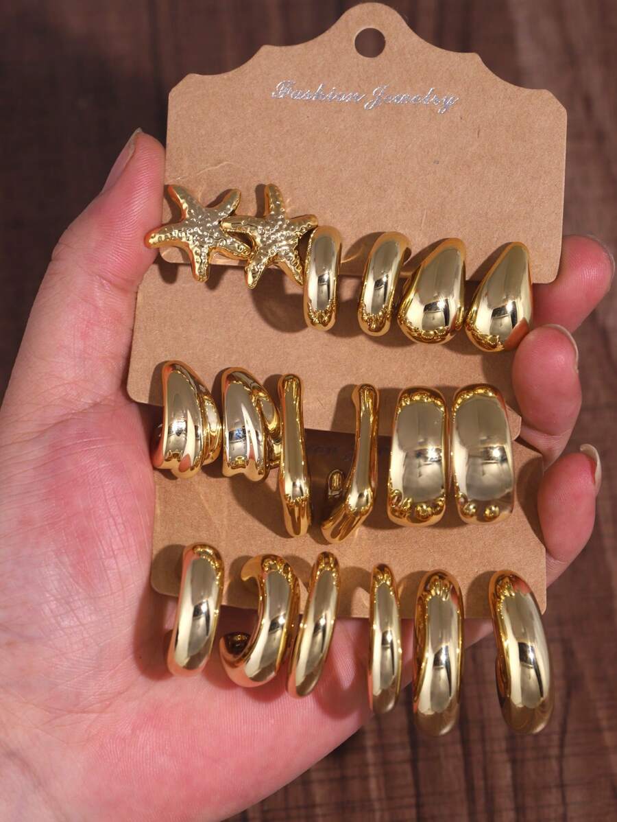 6-18 piezas Pendientes de moda de la serie Océano Dorado con estrellas de mar y elementos geométricos, adecuados para uso diario, regalo para familia, novia, amigos, vacaciones