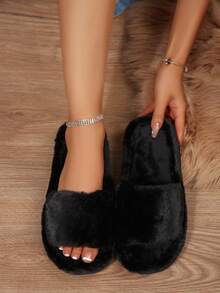 1 Pair Solid Color Casual Fabric Plush Women's Thick Bottom Slippers, Suitable For Weddings, Parties, Bridesmaids, White Fluffy Open-Toe Warm Indoor Slippers, Comfortable & Breathable For All Seasons - Black - View 1