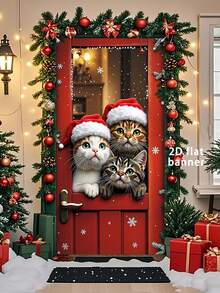 Bandera plana de 2D para puerta de Navidad, 1 pieza, letrero decorativo colgante de Feliz Navidad, 35.4in X 70.8in, material de poliéster duradero, decoración navideña, decoración de fiesta temática de Navidad, para uso en exteriores e interiores, ideal para porche, patio, garaje y hogar