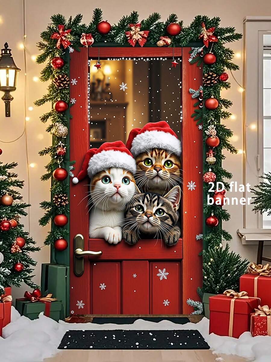 Bandera plana de 2D para puerta de Navidad, 1 pieza, letrero decorativo colgante de Feliz Navidad, 35.4in X 70.8in, material de poliéster duradero, decoración navideña, decoración de fiesta temática de Navidad, para uso en exteriores e interiores, ideal para porche, patio, garaje y hogar
