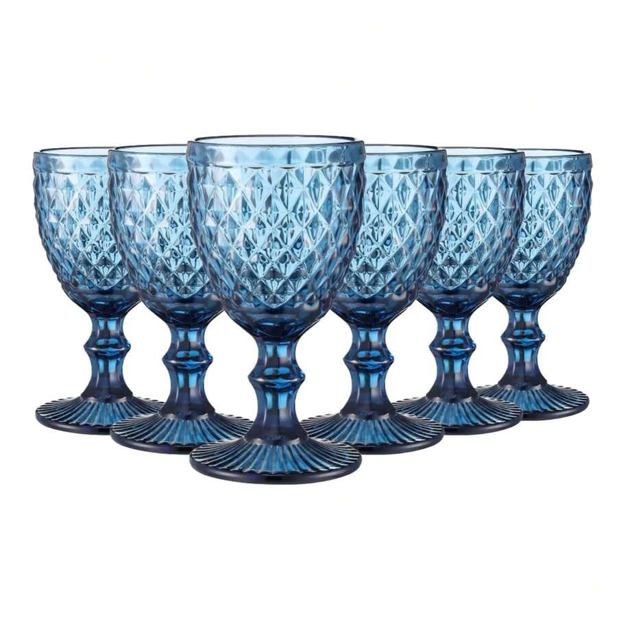 ARISE - Set de 6 Copas de Vino 350ml en Colores Azul, Morado y Transparente – Copas Elegantes de Cristal para Vino Tinto o Blanco – Ideal para Fiestas, Bodas, Cena Romántica, Decoración de Mesa o Regalo - Azul - Ver 1