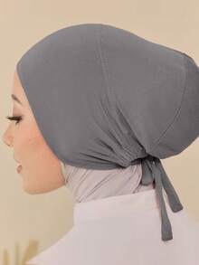 2pcs/Set Women's Scarf And Headcover Combo, Versatile Base Hijab, Matching Abaya, Elastic Beanie Cap & Chiffon Scarf Set, Casual Outfit - Dark Grey - View 6