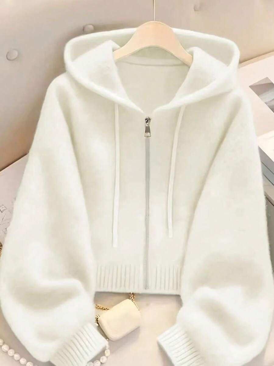 女式宽松短款连帽纯色针织开衫，秋冬 - 白色 - 查看 1