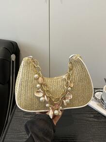 时尚金属链条手柄花卉面料包，休闲新月形草编贝壳链条单肩包，女士手提包