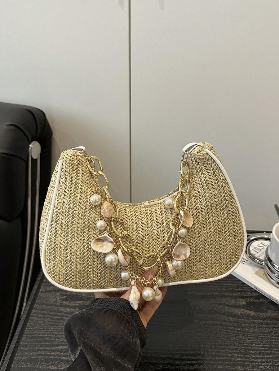 时尚金属链条手柄花卉面料包，休闲新月形草编贝壳链条单肩包，女士手提包