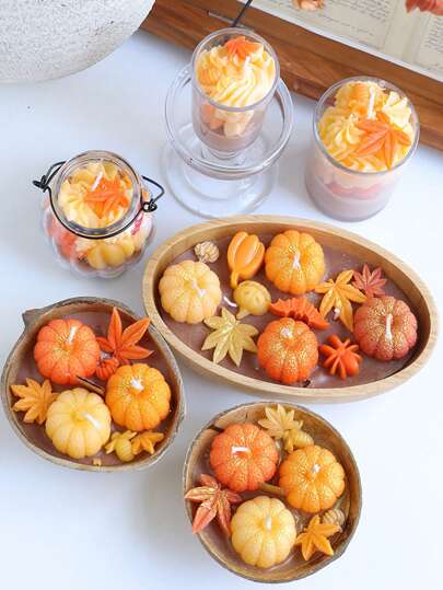 1 Set Pumpkin/Maple Leaf Combination Candles, New Halloween Candles, Mini Pumpkin Candles, Scented Candles, Gifts, Autumn, Decorative Candles, For Home Decor, Holiday Decor, Tabletop Decor, Party, Halloween Theme Decor Halloween Decor Room Decor