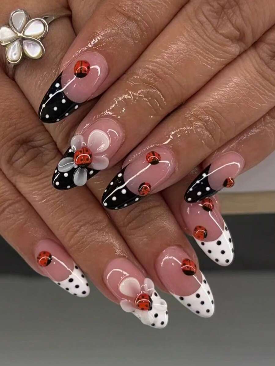 用 24 片 3D 凝胶指甲瓢虫法式杏仁按压指甲改变您的指甲，完美贴合中等长度设计亚克力假指甲，包含 1 片果冻胶和 1 片指甲锉，万圣节指甲，适合女士和女孩日常工作派对使用指甲用品指甲 - 彩色 - 查看 1