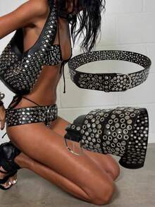 Y2K 宽腰带，性感朋克摇滚街头风格金属铆钉装饰仿皮革腰带，秋季，万圣节 - 黑色 - 查看 2