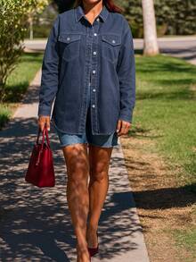 Women's Oversized Denim Jacket With Fur Trim, Paired With Elegant Shirt Collar, Street Style For Winter - Royal Blue - View 6