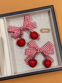 2 piezas Pasadores de cabello con lazo de cereza roja, estilo dulce para uso diario - Rojo - Ver 6