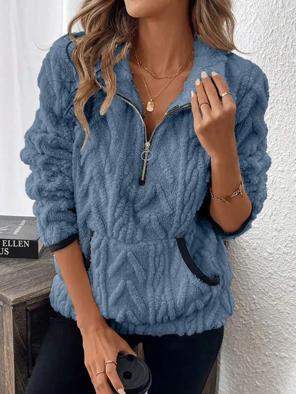 Top en tissu tricoté moelleux grande taille pour femmes, manches longues régulières, col montant avec fermeture éclair et détails de poche, étirement moyen