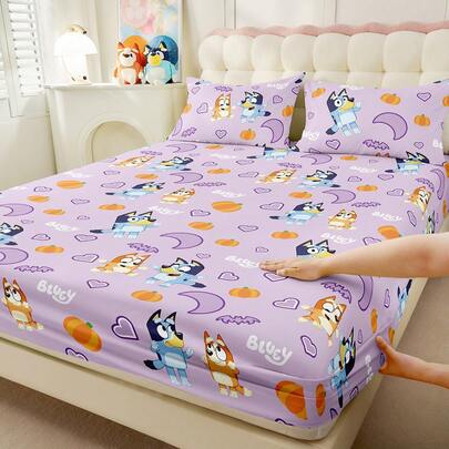 Bluey 1 件  床笠、床上用品、床垫保护套、床罩、舒适家纺、亲肤、床单套装、可爱、紫色、透气、抗起球床垫保护套、柔软舒适、适用于单人床、双人床、全尺寸、大号床和特大号床、适合所有季节、可机洗、防尘床罩、不含枕头和枕套（仅 1 件床笠）、万圣节、返校、秋季装饰、秋季装饰、房间装饰