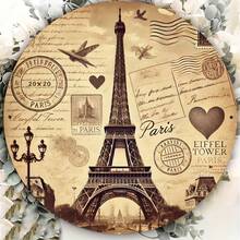 1-Pack Vintage Paris Eiffel Tower Round Metal Tin Sign, French Themed Wall Decor For Cafe, Bar, Restaurant, Living Room, Garage Wall Art Display Plaque - 彩色 - 查看 1
