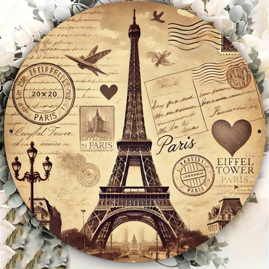1-Pack Vintage Paris Eiffel Tower Round Metal Tin Sign, French Themed Wall Decor For Cafe, Bar, Restaurant, Living Room, Garage Wall Art Display Plaque - 彩色 - 查看 1