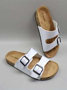 春夏时尚双带双扣休闲防滑穆勒拖鞋，柔软舒适男士一脚蹬凉鞋，秋季鞋款，适合居家、约会、购物、通勤、聚会、海滩度假等场合。 - 白色 - 查看 3