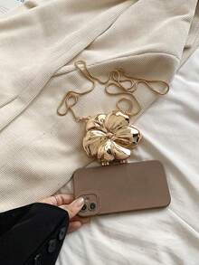 1 Peça Nova Bolsa de Mão Pequena para a Noite com Flor em Formato Metalizado Eletrodepositado Brilhante, Acessório de Moda com Corrente, Porta-Moedas Elegante, Estojo para Batom, Bolsa para Fone de Ouvido, Presente para Mulheres, Adequado para Dia dos Namorados, Festa, Vestido de Casamento, Uso como Bolsa de Ombro/Transversal - Dourado - Visão 6