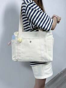 女士多口袋手提包帆布包带手柄包大容量钱包可重复使用手提包，帆布手提包，非常适合日常使用和旅行，学生手提包，多个隔层，非常适合海滩、学校、工作和日常使用，青少年文学书包，女士或学生书包，非常适合书籍、购物、返校等