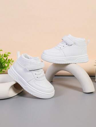 1 Pair Children's New Fashion Soft Bottom Comfortable Durable PU Hook And Loop Outdoor Simple Versatile High-Top Warm White Sneakers, Boys & Girls, Suitable For All Seasons