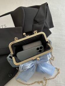 2025新款亮片链条晚宴手拿包，时尚奢华女士手提包、单肩包、斜挎包，纯色夹扣链条托特包（花卉图案随机分布），亮片 - 藍色 - 查看 12