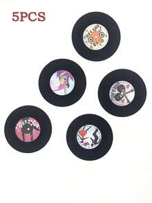 1 盒 5 件复古 CD 形状硅胶杯垫和转盘杯垫，防滑防水黑胶唱片杯垫，适用于咖啡/茶杯