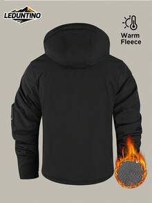 LEDUNTINO Men's Autumn/Winter Fashion Zip-Up Outdoor Casual Jacket, Solid Color, Multi-Pocket Design, Detachable Hood, Letter Print, Boyfriend Gift, Thick Style, Suitable For Autumn/Winter Outings And Daily Wear, Winter Tops