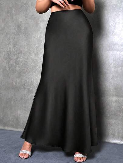 Plus Size Women Elegant Maxi Satin Skirt, Solid Color Black Spring