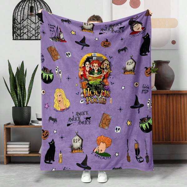 1pc Halloween Themed Flannel Blanket With 3 Witches & Pumpkin Design, Suitable For Halloween Gift, Sofa, Living Room Nap, Outdoor Camping, Travel