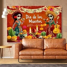 1PC 2D Flat Polyester Death Background, Sugar Skull And Flower Theme, Decoration For Dead Day Party Photo Shooting