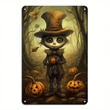 20.32x30.48cm 复古万圣节南瓜金属锡标牌 - 耐用的金属墙面装饰，易于安装，完美的礼物选择（款式随机发送）