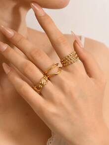 Set de 3 anillos decorativos de línea hueca de acero inoxidable minimalista, adecuado para mujeres y hombres, para uso diario, festivales, citas, compromisos, bodas y viajes - Dorado - Ver 12