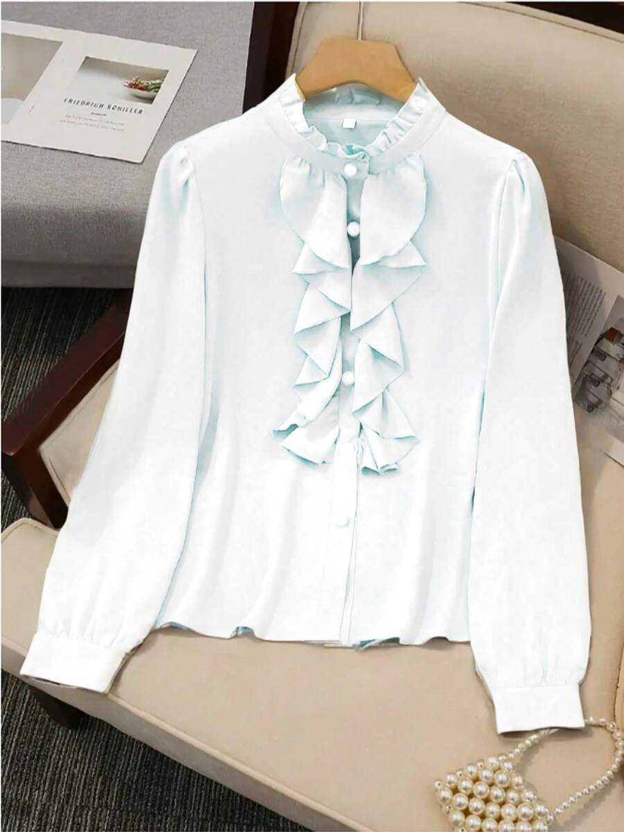 时尚女士常规长度衬衫，正面饰有荷叶边和纽扣细节，白色，春季款 - 白色 - 查看 1