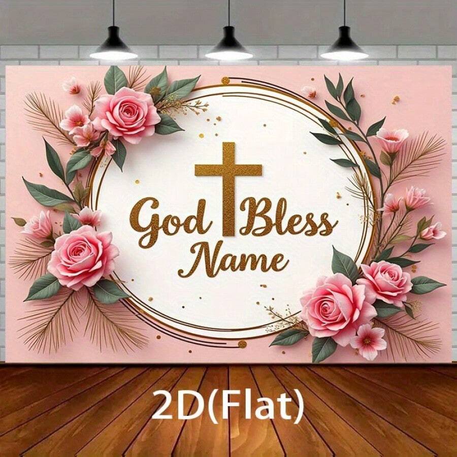 1 szt. Niestandardowy baner, tło z motywem błogosławieństwa w postaci kwiatowego krzyża, różowa róża i zielone rośliny, nadaje się na dekorację urodzinową