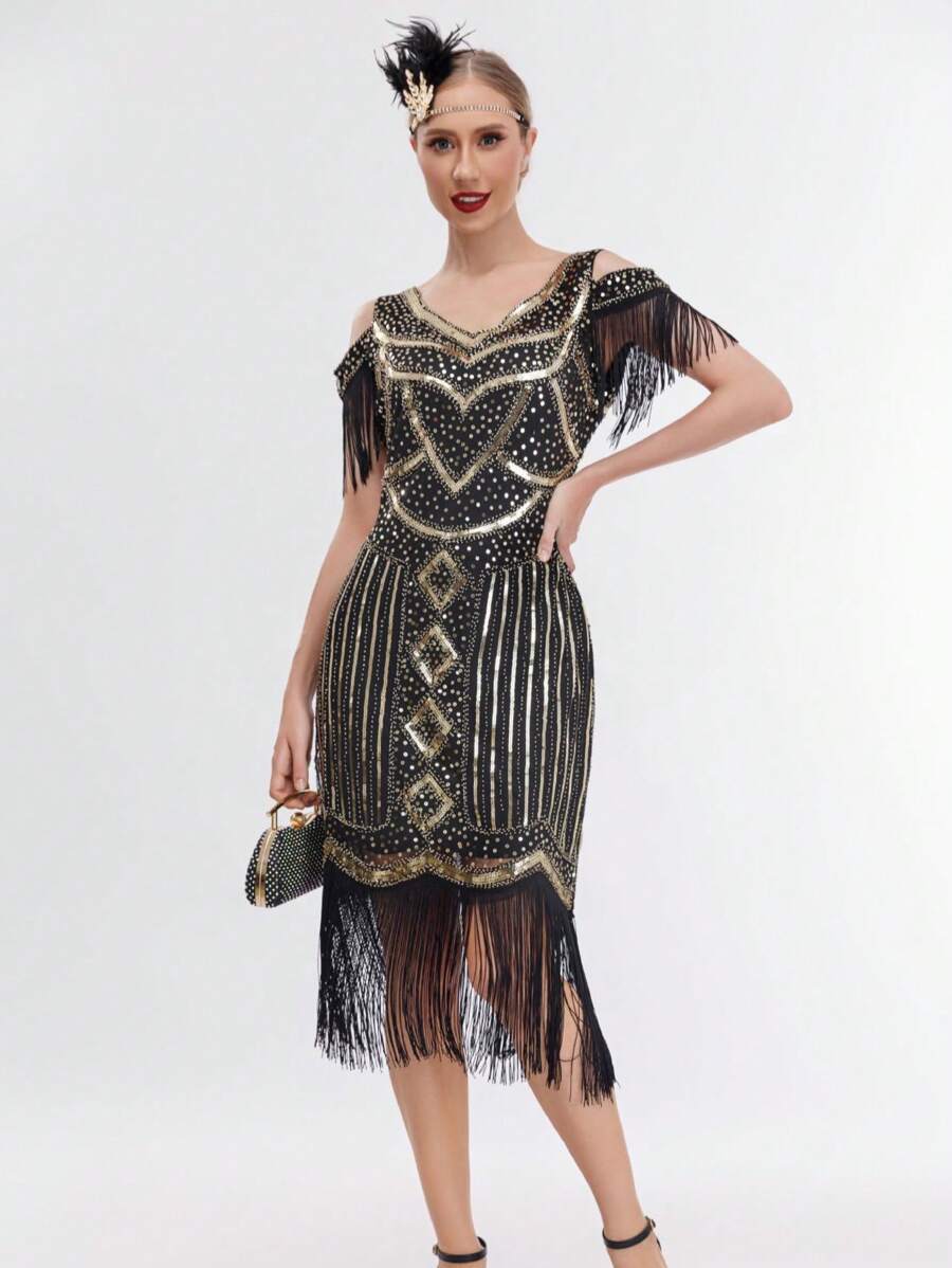 فستان سهرة أوروبي وأمريكي عتيق من الثمانينيات مع تنورة مزينة بالشراريب، فستان مترف مرصع بالترتر والخرز للحفلات الراقية