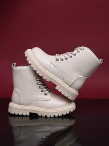 1 Pair White Infant Boots, Solid Color Front Lace-Up, Side Zipper, Metal Buckle, Simple Round Toe, Rubber Anti-Slip Sole, Outdoor Fashion Boots Suitable For 3-12 Years Old Boys And Girls, Students, Autumn/Winter New Style For Vacation, Casual, Party