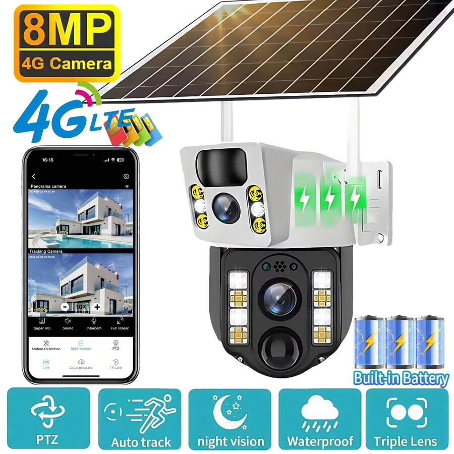 SWVW V380 Pro 10 倍变焦 4K 太阳能摄像机 4G SIM 卡双镜头 8MP 高清夜视网络闭路电视监控云台 PIR 人体检测报警防水内置电池摄像机