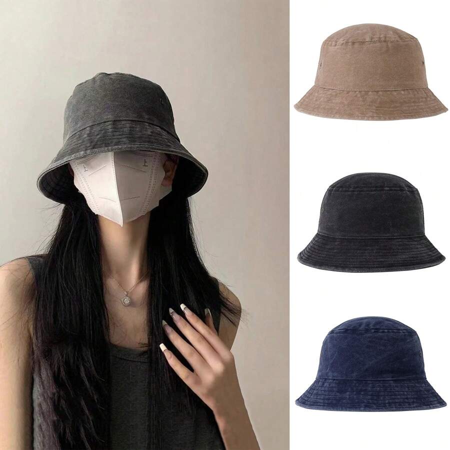 1pc Women's Solid Color Breathable Washed Bucket Hat, Suitable For Outdoor, Beach, Fishing, Daily Outfit, Spring/Summer - A - View 1