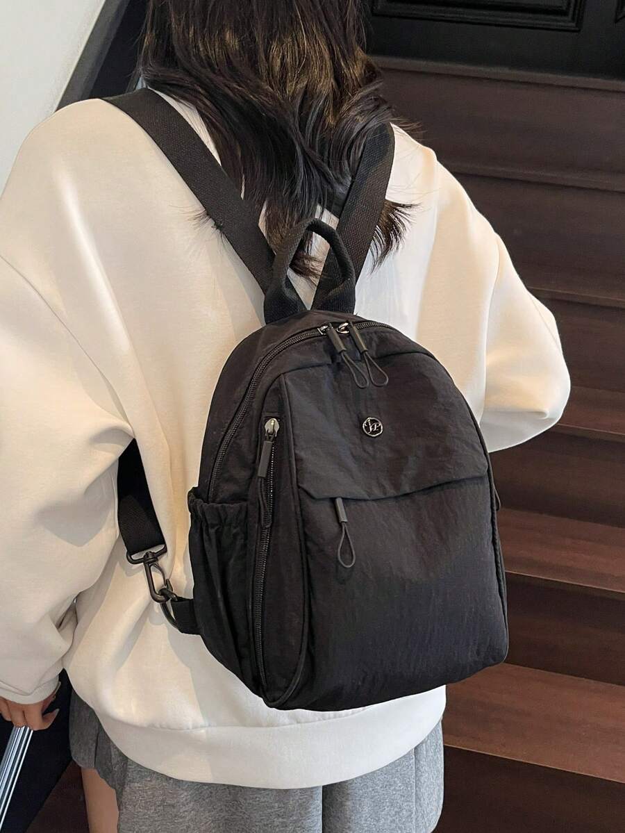1pc Solid Color Fabric Dual Washed Nylon Lightweight Large Capacity Travel Backpack, Minimalist Portable College Student Bookbag - Black - View 1