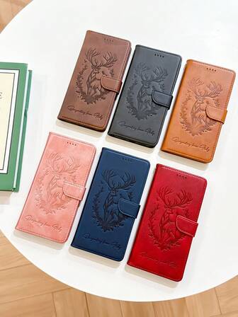 Lucky Deer Embossed PU Leather Flip Cover Phone Case, Shockproof, Kickstand, Card Slot Wallet Style, Compatible With IPhone 6/7/8/XS MAX/11/12/13/14/15/16/17 Pro Max, Galaxy S22/S23/S24 Ultra/S25 Ultra, A05S/A14/A15/A25/A34/A35/A53/A54/A55/Note20 Ultra Series, Redmi, Infinix