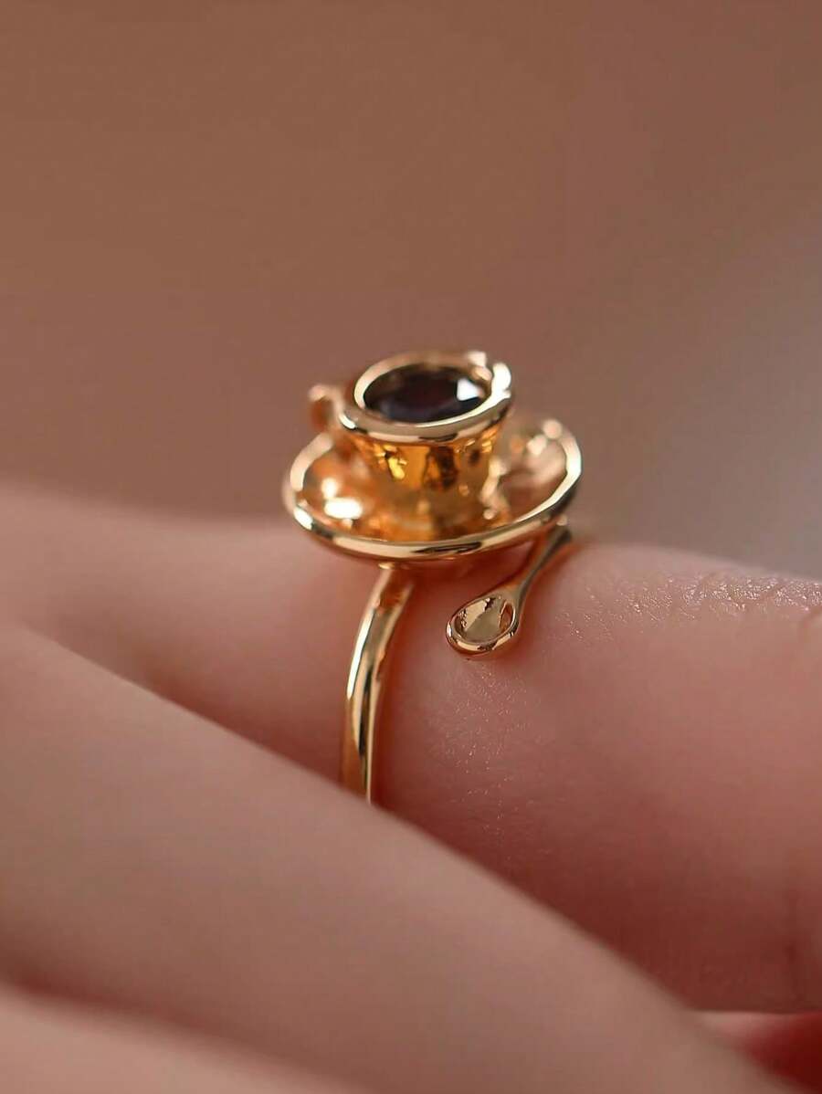 1pc Adjustable Vintage French Luxury Coffee Cup Ring, Unique Design Fashion Open Ring, Suitable For Gift, Party, Vacation, Casual, Banquet, Holiday Wear, Weight: 3.7g