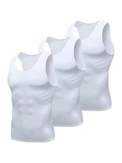 3PCS Men's White Shapewear Vest Tight Vest Milk Silk Elastic Comfortable Outdoor Sports Training Running Basketball Football Sports Base Layer Vest Quick Dry Sweat Wicking Breathable Wearing Comfortable Spring And Summer Gifts