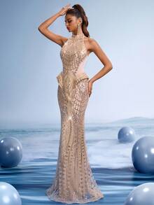GIFORU Elegant Silver Sequin Prom Dress Halter Mermaid Gown Gold Beaded Wedding Dresses For Bride Women Sparkly Long Graduation New Year Party Dress - Khaki - View 8