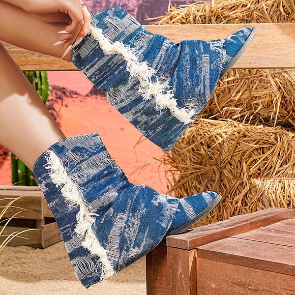 Botas cortas de tacón grueso con bloque de color, plisadas, de punta estrecha y manga para mujer