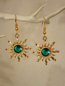 1 Pair Bohemian Style Baroque Sunflower Faux Jade Plated Gold Dangle Earrings, Elegant & Fashionable Earring Hooks - Sun - View 7